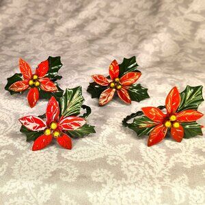 Vintage Poinsettia 2.5" Christmas Napkin Rings MCM Metal Set Of 4